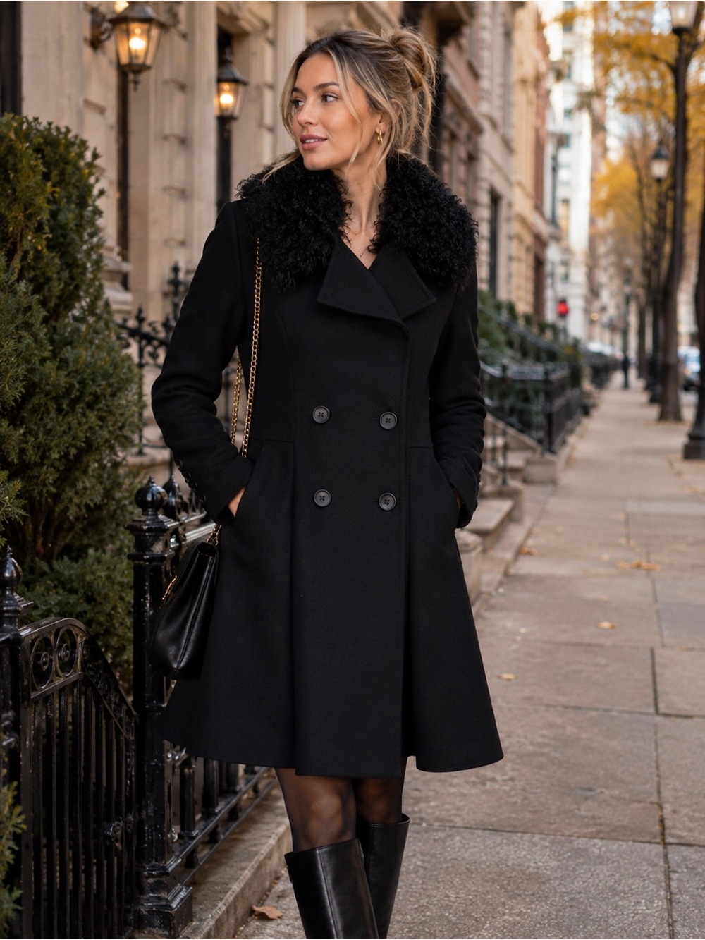 ❤️MAKE OFFER❤️ Badgley Mischka Black Double-Breasted Wool Coat Fur Collar MD